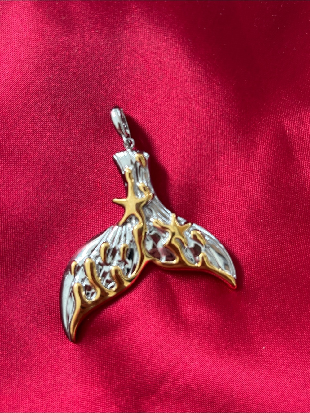Two-Tone Whale Tail Charm Pendant - Silver & Gold Accent